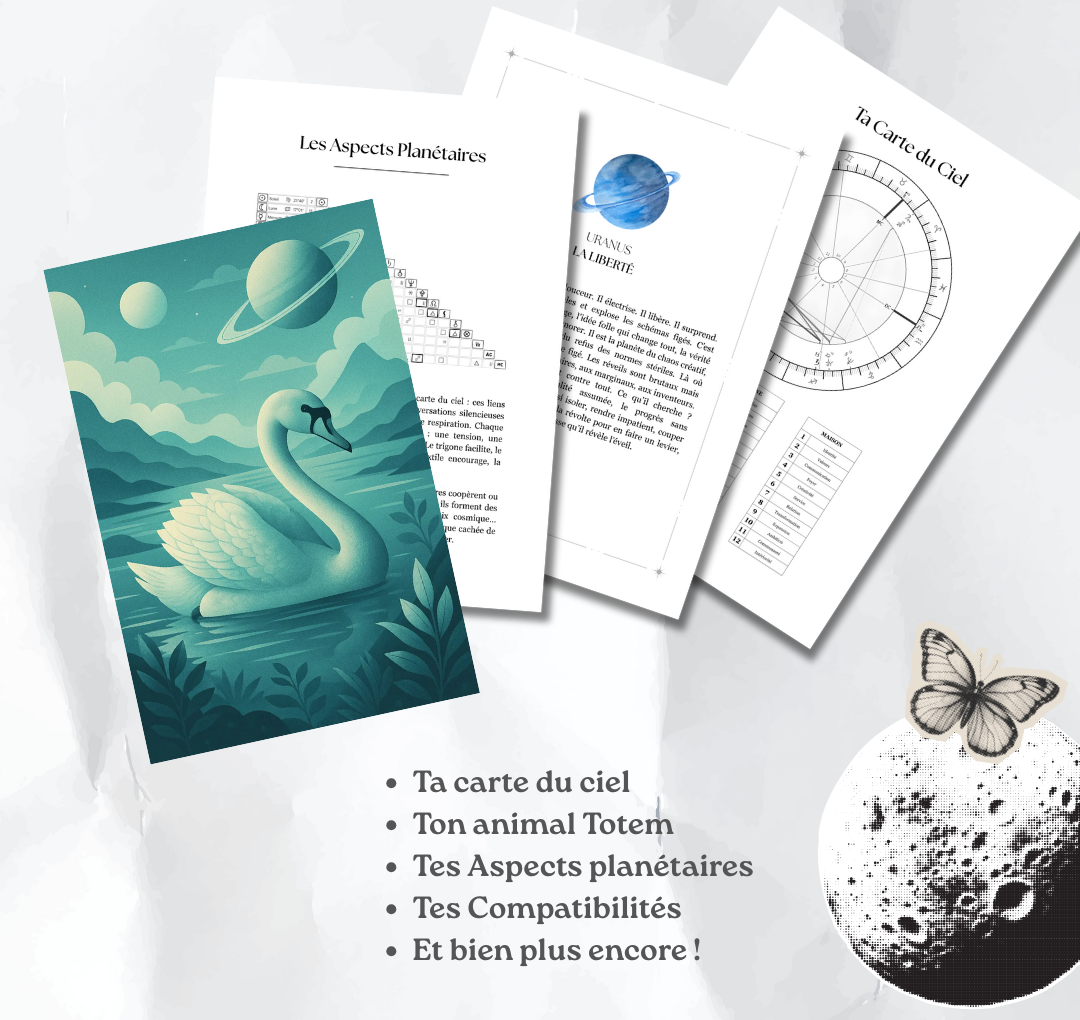 Extrait intérieur de l’Astrobook digital Plumastro, plus de 80 pages d’analyses astrologiques personnalisées, compatibilités et révélations spirituelles.