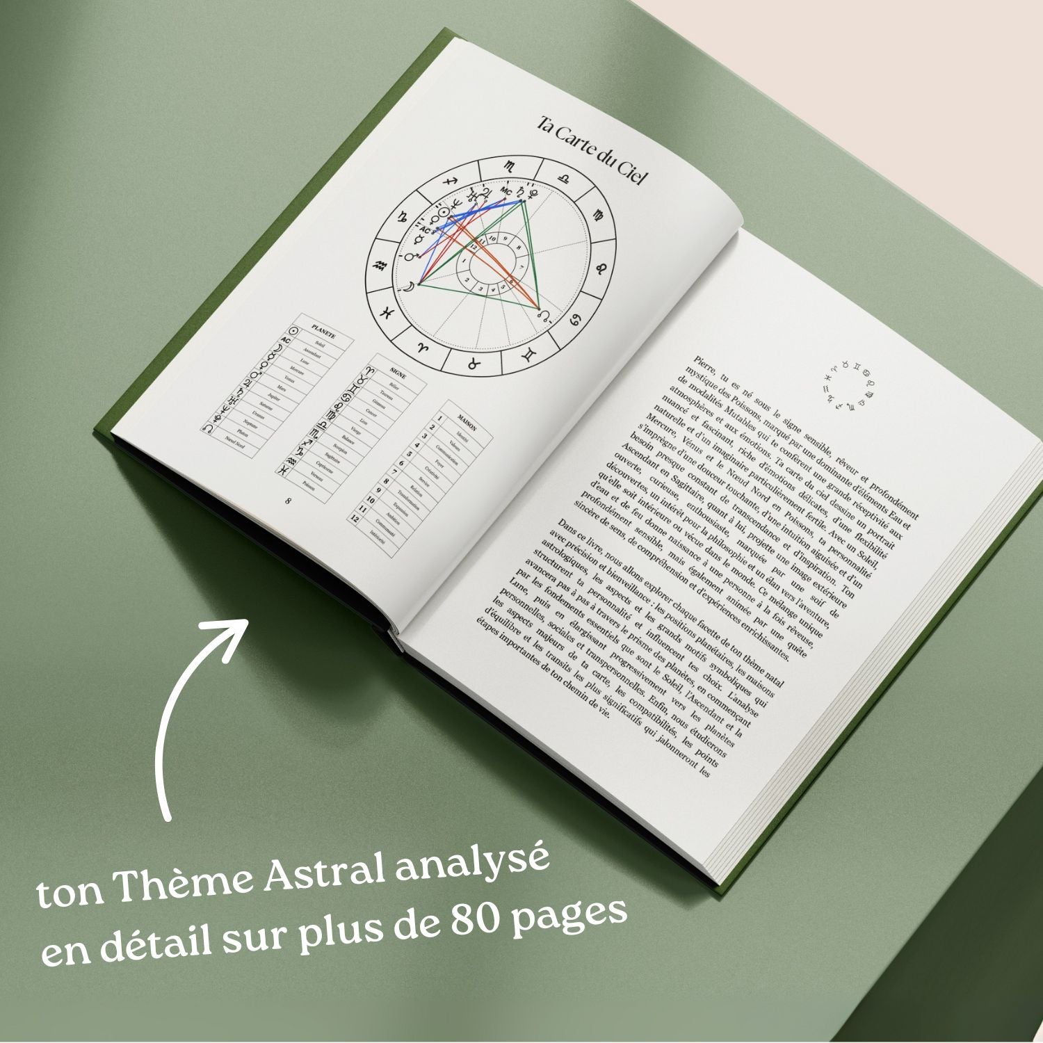 Astrobook Plumastro ouvert montrant une carte du ciel et l’analyse astrologique personnalisée du thème natal en détail sur plus de 80 pages