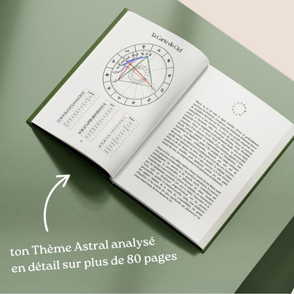 Astrobook Plumastro ouvert montrant une carte du ciel et l’analyse astrologique personnalisée du thème natal en détail sur plus de 80 pages