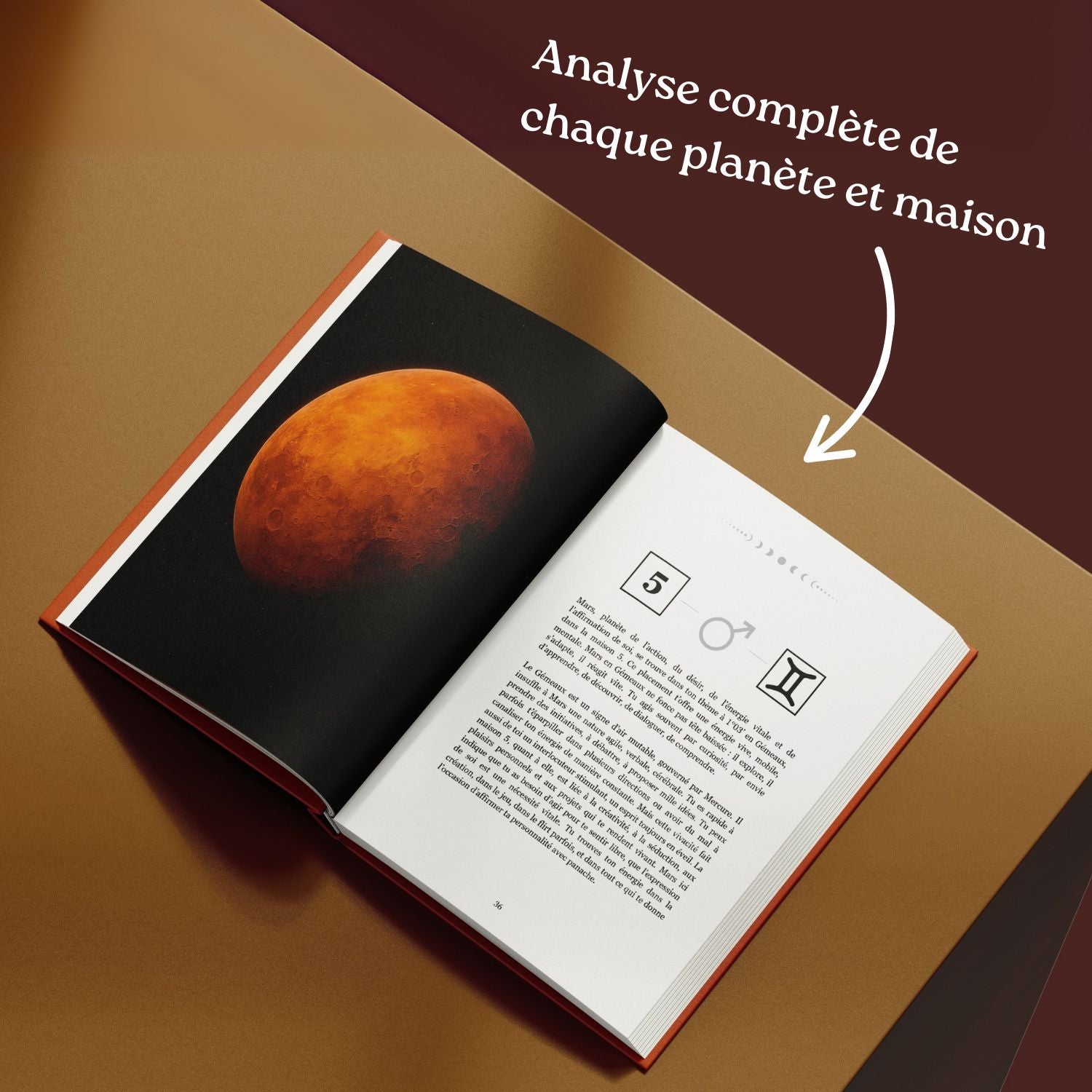 Astrobook personnalisé Plumastro ouvert montrant une analyse astrologique complète des planètes et maisons avec symboles, texte explicatif et visuel de Mars