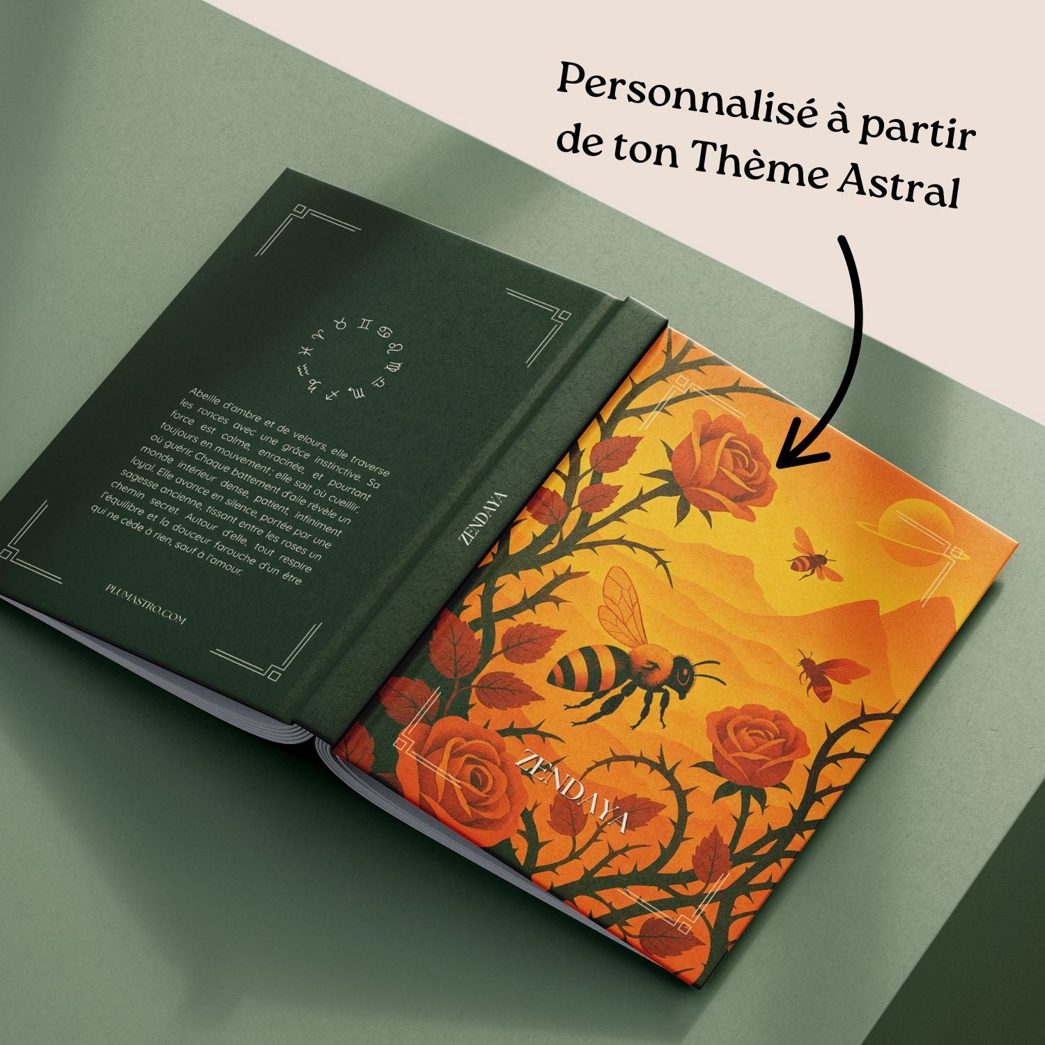 Astrobook Plumastro personnalisé à partir du thème astral, couverture unique illustrant l’animal totem abeille