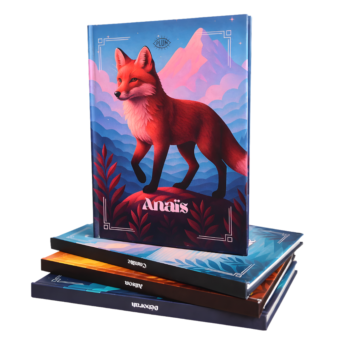 Livre Plumastro personnalisé avec couverture illustrée d’un renard rouge devant des montagnes et le prénom « Anaïs », posé sur une pile d’Astrobooks.
