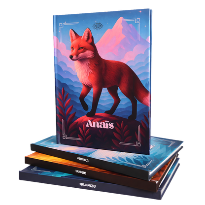 Livre Plumastro personnalisé avec couverture illustrée d’un renard rouge devant des montagnes et le prénom « Anaïs », posé sur une pile d’Astrobooks.