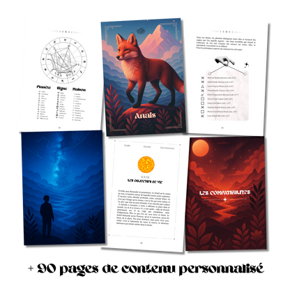 Exemples de pages de l’Astrobook Plumastro, extraits du livre d’astrologie personnalisé montrant l’analyse du thème astral, les interprétations des planètes, des signes et des maisons.